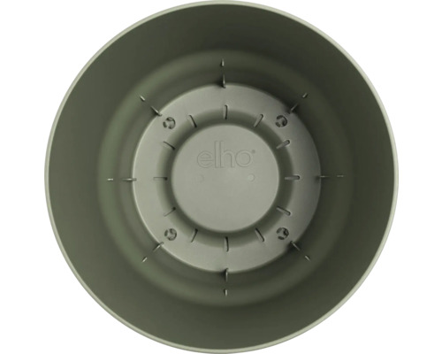Innenansicht eines runden Kunststoff-Blumentopfs mit Entwässerungsschlitzen und elho Logo am Boden.