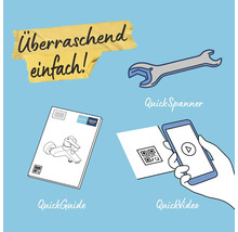 Illustration zur einfachen Montage: Gabelschlüssel QuickSpanner, gedruckte Anleitung QuickGuide und Video QuickVideo per QR-Code. Grohe Logo.