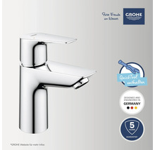 Grohe Waschtischarmatur in Chrom-Optik, Einhandmischer mit QuickTool, entwickelt in Deutschland, 5 Jahre Garantie. Grohe Logo.