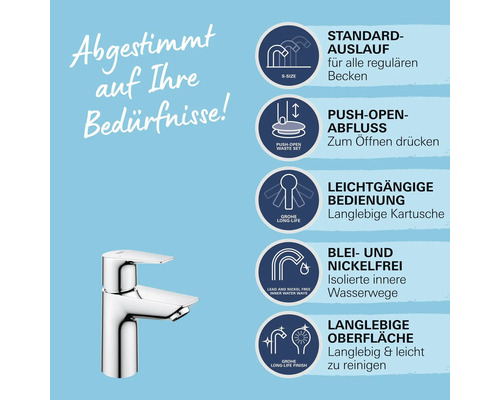 Waschtischarmatur mit Standardauslauf Größe S, Push-Open-Ablauf, leichtgängiger Bedienung, bleifreien Wasserwegen und langlebiger Oberfläche.