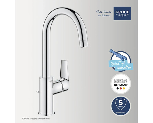 Grohe Küchenarmatur mit C-Auslauf in Chrom, inklusive Montagewerkzeug, entworfen in Deutschland, 5 Jahre Garantie, Grohe Logo.