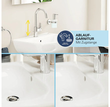 Waschbecken mit Chrom-Armatur und Ablaufgarnitur mit Zugstange, die das Öffnen und Schließen des Ablaufstopfens zeigt.