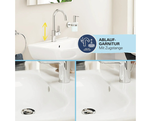 Waschbecken mit Chrom-Armatur und Ablaufgarnitur mit Zugstange, die das Öffnen und Schließen des Ablaufstopfens zeigt.