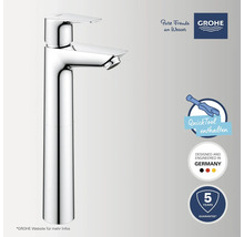 Grohe Logo, Waschtischarmatur mit hohem Auslauf in Chrom, Einhebelmischer inklusive Montagewerkzeug, hergestellt in Deutschland, fünf Jahre Garantie.