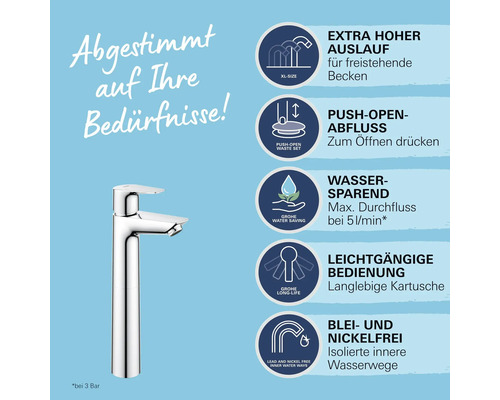 Hohe Waschtischarmatur in Chrom mit extra hohem Auslauf, Push-Open-Ablauf, Wassersparfunktion, langlebiger Kartusche und bleifreien Wasserwegen.