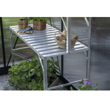 Aluminiumregal im Gewächshaus mit Pflanzen in Fasertöpfen, Gartenhandschuhen und einem geflochtenen Korb auf der Ablagefläche.