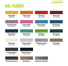 Übersicht der RAL-Farbtöne für Alberts Produkte, dargestellt in farbigen Feldern mit Bezeichnungen wie Moosgrün und Anthrazitgrau.