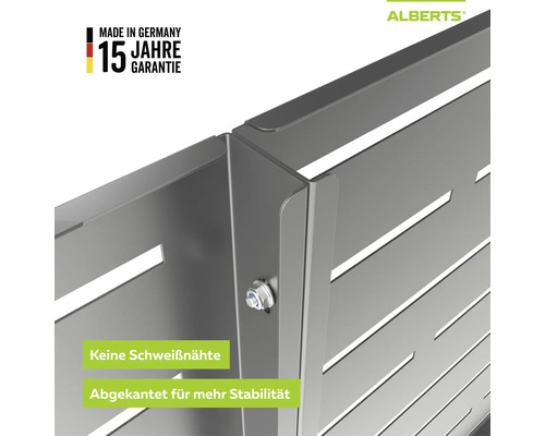Alberts Metall-Sichtschutzzaun mit Schraubverbindung, ohne Schweißnähte, abgekantet. Alberts Logo, 15 Jahre Garantie, Made in Germany Siegel.