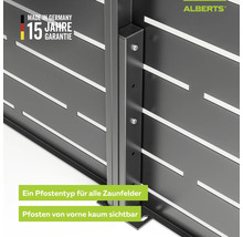 Alberts Logo, Alberts Metallzaun mit unauffälligem Pfosten für Sichtschutzfelder, Hergestellt in Deutschland, 15 Jahre Garantie.