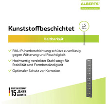 Alberts Logo. Kunststoffbeschichtetes Stahlbauteil mit 15 Jahren Garantie. RAL-Pulverbeschichtung, verzinkter Stahl und Korrosionsschutz.