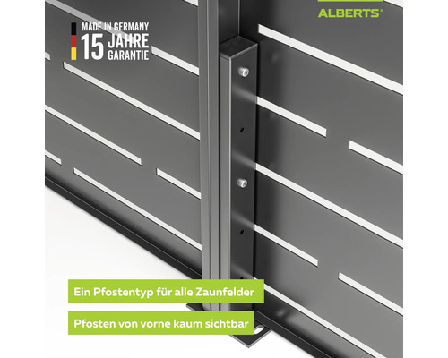 Alberts Logo, Sichtschutzzaun aus Metall mit universalem Pfosten, von vorne kaum sichtbar, hergestellt in Deutschland, 15 Jahre Garantie.