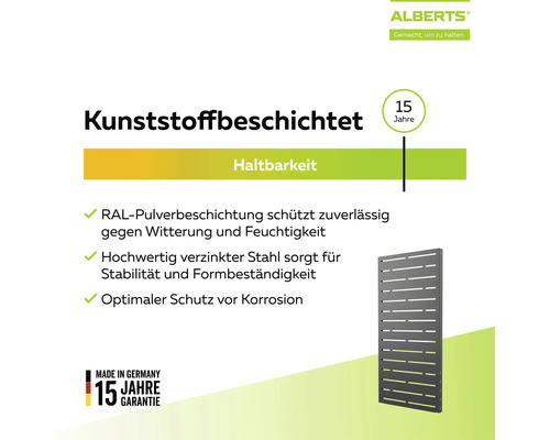 Alberts Logo. Kunststoffbeschichtetes Zaunelement aus verzinktem Stahl mit RAL-Pulverbeschichtung. 15 Jahre Garantie. Hergestellt in Deutschland.