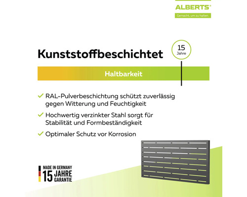 Alberts Logo. Informationsgrafik zu verzinktem Stahlzaun mit Kunststoffbeschichtung, Korrosionsschutz und 15 Jahren Garantie. Made in Germany.
