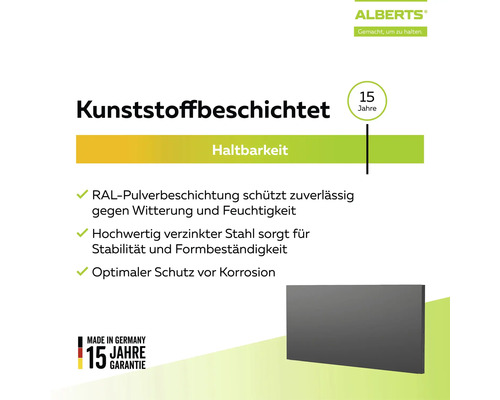 Alberts Logo. Infografik: Kunststoffbeschichteter Stahl, verzinkt, RAL-Pulverbeschichtung, Korrosionsschutz, 15 Jahre Haltbarkeit, Made in Germany.