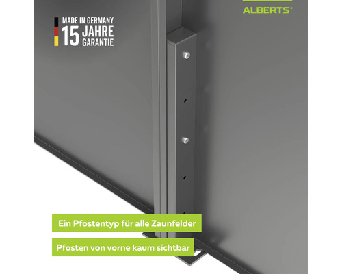 Alberts Metall-Zaunpfosten in Grau, universell für verschiedene Zaunfelder einsetzbar, unauffällige Optik, Alberts Logo und 15 Jahre Garantie.