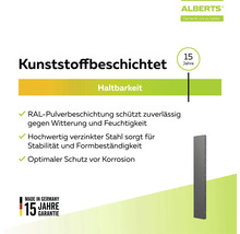 Alberts Logo, Siegel für 15 Jahre Garantie und Herstellung in Deutschland. Details zu kunststoffbeschichtetem Stahl für Korrosionsschutz.