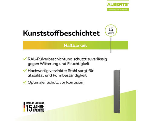 Alberts Logo, Siegel für 15 Jahre Garantie und Herstellung in Deutschland. Details zu kunststoffbeschichtetem Stahl für Korrosionsschutz.