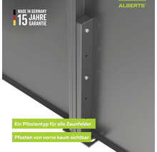 Alberts Zaunpfosten für Sichtschutzzäune, ein Pfostentyp für alle Zaunfelder. Mit Made in Germany Siegel, 15 Jahren Garantie und Alberts Logo.