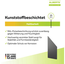 Alberts Logo, kunststoffbeschichteter, RAL-pulverbeschichteter verzinkter Stahl, 15 Jahre Haltbarkeit und Garantie, Made in Germany.