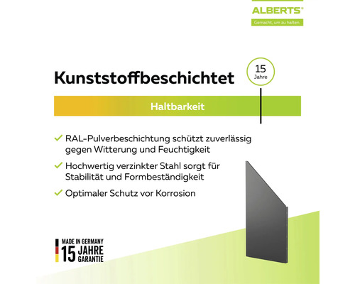 Alberts Logo, kunststoffbeschichteter, RAL-pulverbeschichteter verzinkter Stahl, 15 Jahre Haltbarkeit und Garantie, Made in Germany.