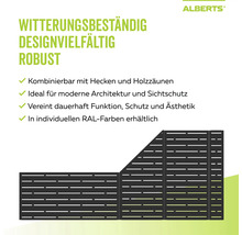 Alberts Logo. Metallzaun für Sichtschutz mit horizontalen Lamellen. Witterungsbeständig, robust und in verschiedenen RAL-Farben erhältlich.