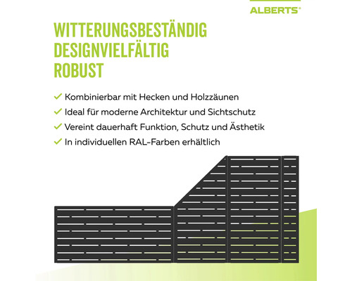 Alberts Logo. Metallzaun für Sichtschutz mit horizontalen Lamellen. Witterungsbeständig, robust und in verschiedenen RAL-Farben erhältlich.