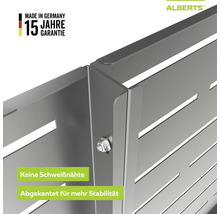 Alberts Logo, Metallelement ohne Schweißnähte, abgekantet für Stabilität, hergestellt in Deutschland, 15 Jahre Garantie.