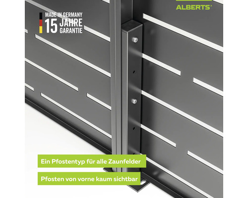 Alberts Logo. Metallzaun mit horizontalen Lamellen und fast unsichtbarem Pfosten. Made in Germany, 15 Jahre Garantie.