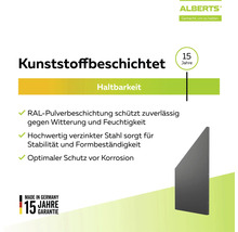 Alberts Logo. Kunststoffbeschichtung, RAL-Pulverlack, verzinkter Stahl, Korrosionsschutz, 15 Jahre Garantie, Made in Germany.