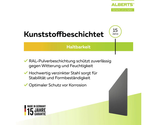 Alberts Logo. Kunststoffbeschichtung, RAL-Pulverlack, verzinkter Stahl, Korrosionsschutz, 15 Jahre Garantie, Made in Germany.