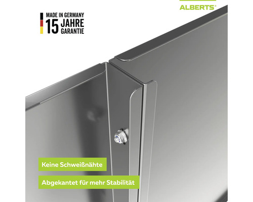 Alberts Logo, hergestellt in Deutschland, 15 Jahre Garantie. Detail einer stabilen, abgekanteten Metalleckverbindung ohne Schweißnähte.