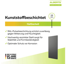 Alberts Logo. Kunststoffbeschichteter, verzinkter Stahl mit RAL-Pulverbeschichtung, 15 Jahre Haltbarkeit und Garantie, hergestellt in Deutschland.