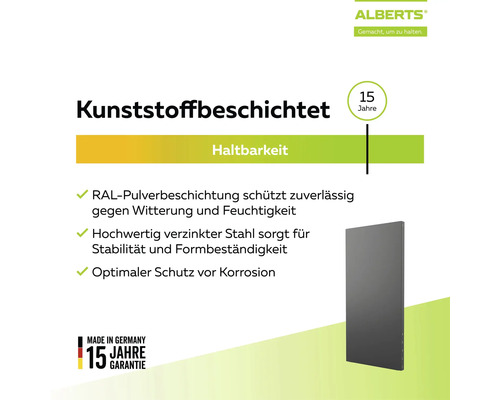Alberts Logo. Kunststoffbeschichteter, verzinkter Stahl mit RAL-Pulverbeschichtung, 15 Jahre Haltbarkeit und Garantie, hergestellt in Deutschland.