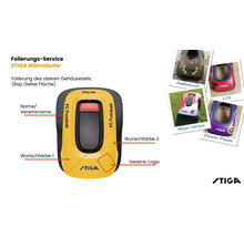 Folierungs-Service für STIGA Mähroboter zur individuellen Gestaltung des Gehäuses mit Namen, Vereinslogos und Wunschfarben sowie STIGA Logo.