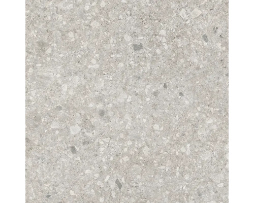 Feinsteinzeugfliese in grauer Terrazzo-Optik mit Steineinschlüssen.