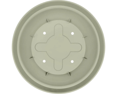 Runder Blumenuntersetzer aus Kunststoff in Salbeigrün von oben gesehen.