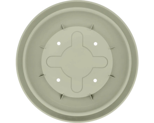 Runder Untersetzer für Pflanztöpfe aus Kunststoff mit Entwässerungsöffnungen.