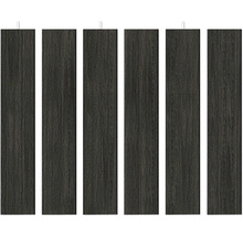 Sechs vertikale Zaunlatten aus dunklem texturiertem Material.