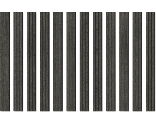 Vertikale Wandverkleidung in Anthrazit mit strukturierter Oberfläche und Längsrillen.
