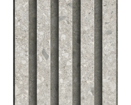 Feinsteinzeug Wandfliese in Terrazzo-Optik mit vertikaler Lamellenstruktur in Grau.