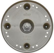 Unterseite eines elho Kunststoff-Blumentopfs mit einem Durchmesser von 25 Zentimetern, einem Volumen von 5,5 Litern und Entwässerungslöchern.