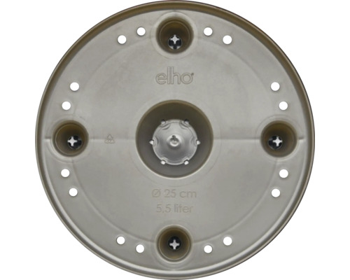 Unterseite eines elho Kunststoff-Blumentopfs mit einem Durchmesser von 25 Zentimetern, einem Volumen von 5,5 Litern und Entwässerungslöchern.