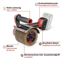 Einhell Akku-Oberflächenbürste mit bürstenlosem Motor, verstellbarem Zusatzhandgriff, Drehzahlelektronik, 1300 Watt Leistung und 100 Millimeter Bürste.
