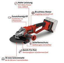 Einhell Akku-Winkelschleifer mit bürstenlosem Motor, Zusatzhandgriff in drei Positionen, Schnellspannmutter und 70 Millimeter Schnitttiefe.