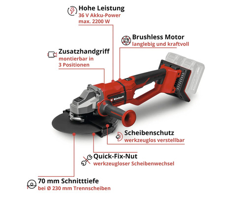 Einhell Akku-Winkelschleifer mit bürstenlosem Motor, Zusatzhandgriff in drei Positionen, Schnellspannmutter und 70 Millimeter Schnitttiefe.