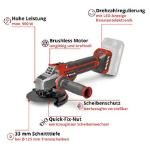 Einhell Winkelschleifer mit Akkumulator, bürstenloser Motor, maximal 900 Watt, Drehzahlregelung, Quick-Fix-Mutter, 33 Millimeter Schnitttiefe.