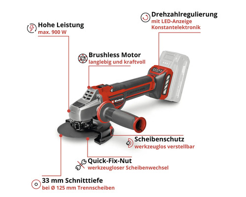 Einhell Winkelschleifer mit Akkumulator, bürstenloser Motor, maximal 900 Watt, Drehzahlregelung, Quick-Fix-Mutter, 33 Millimeter Schnitttiefe.