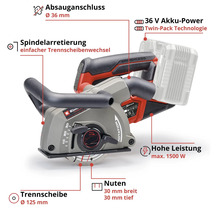 Einhell Akku-Mauernutfräse mit 36 Volt Twin-Pack Technologie, maximal 1500 Watt, 125 Millimeter Trennscheibe, 30 Millimeter Nuten und Absauganschluss.