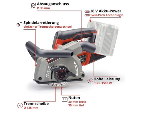 Einhell Akku-Mauernutfräse mit 36 Volt Twin-Pack Technologie, maximal 1500 Watt, 125 Millimeter Trennscheibe, 30 Millimeter Nuten und Absauganschluss.