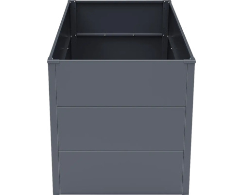 Hochbeet aus Metall in Anthrazit, rechteckige Form mit drei horizontalen Paneelen.